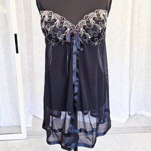 Romantic Black Mesh Babydoll Chemise with White Embroidery
